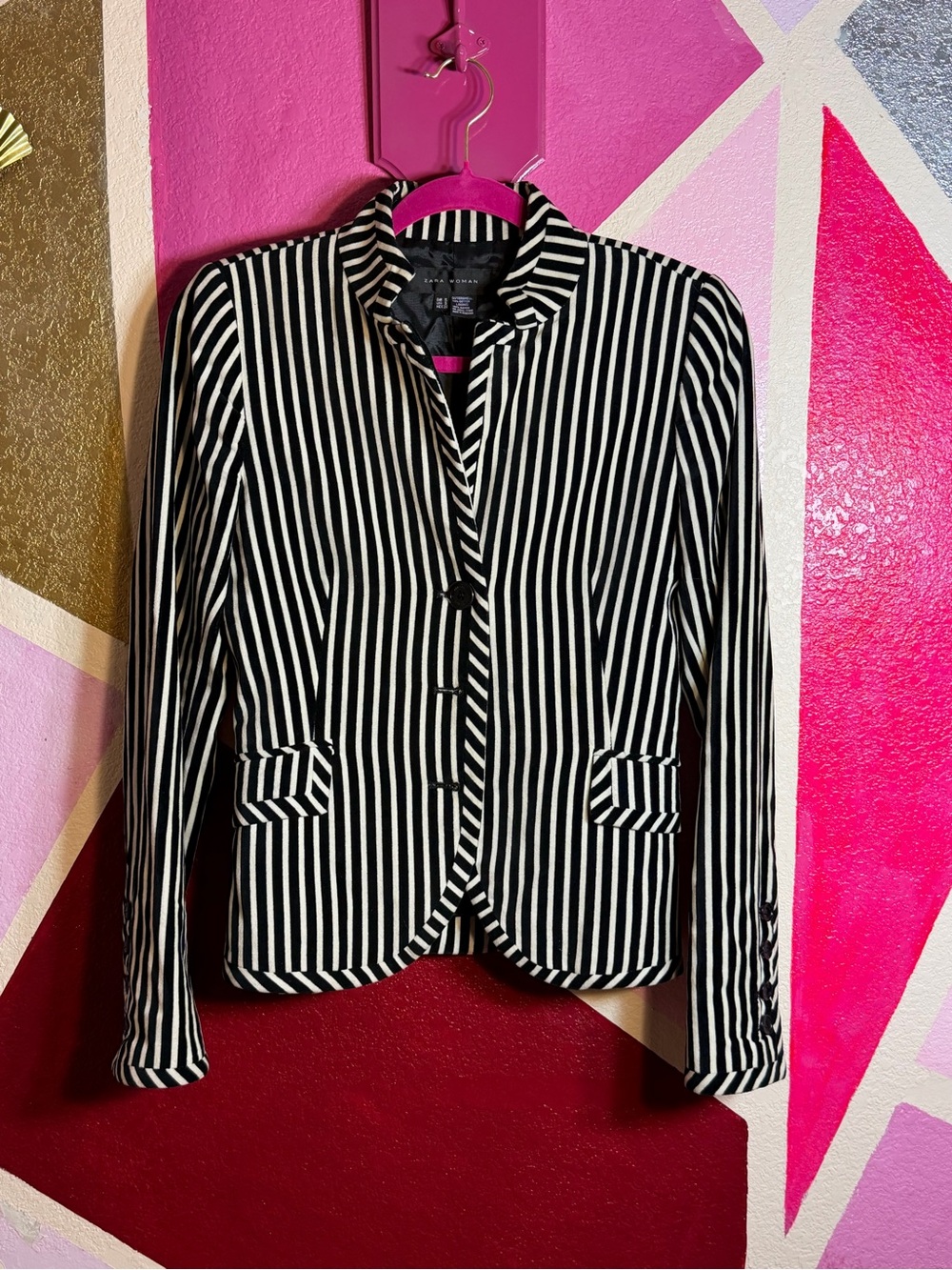 Zara Woman Black White Stripe Velvet Blazer Sz S